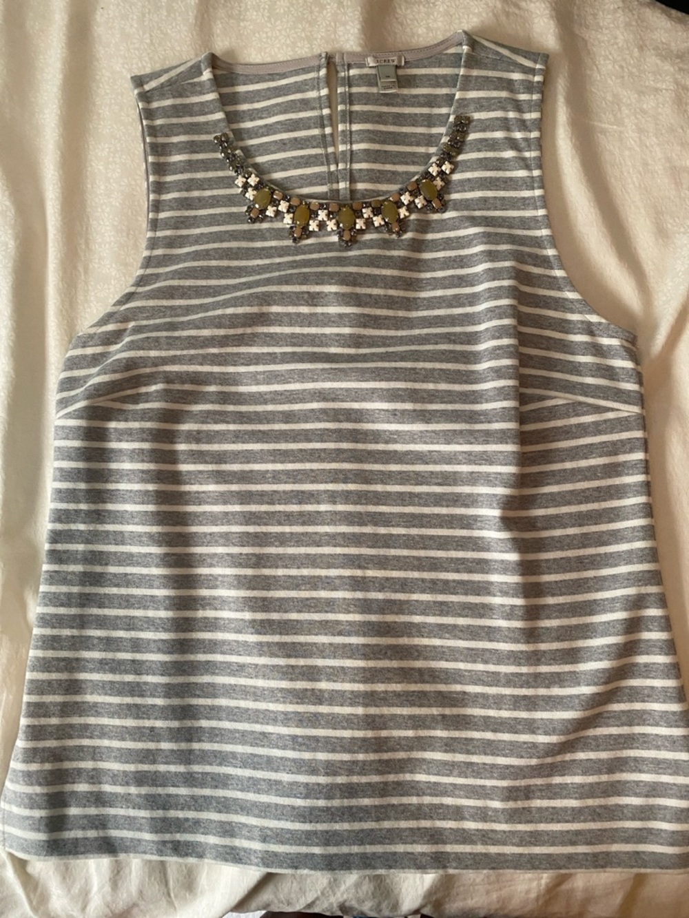 J. Crew Gray and White Striped Sleeveless Tank with Statement Beaded Neckline